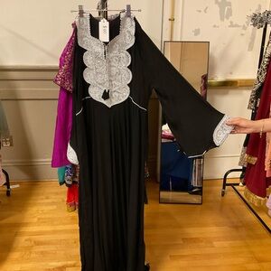 Elegant Black and Silver Embroidered Afghan Dress